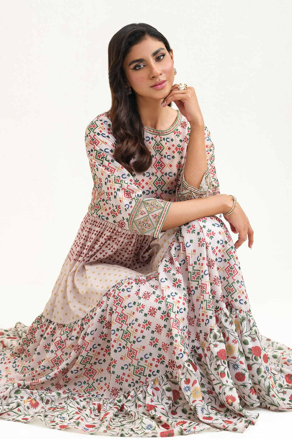 Printed Embroidered Dress - KFS25-40